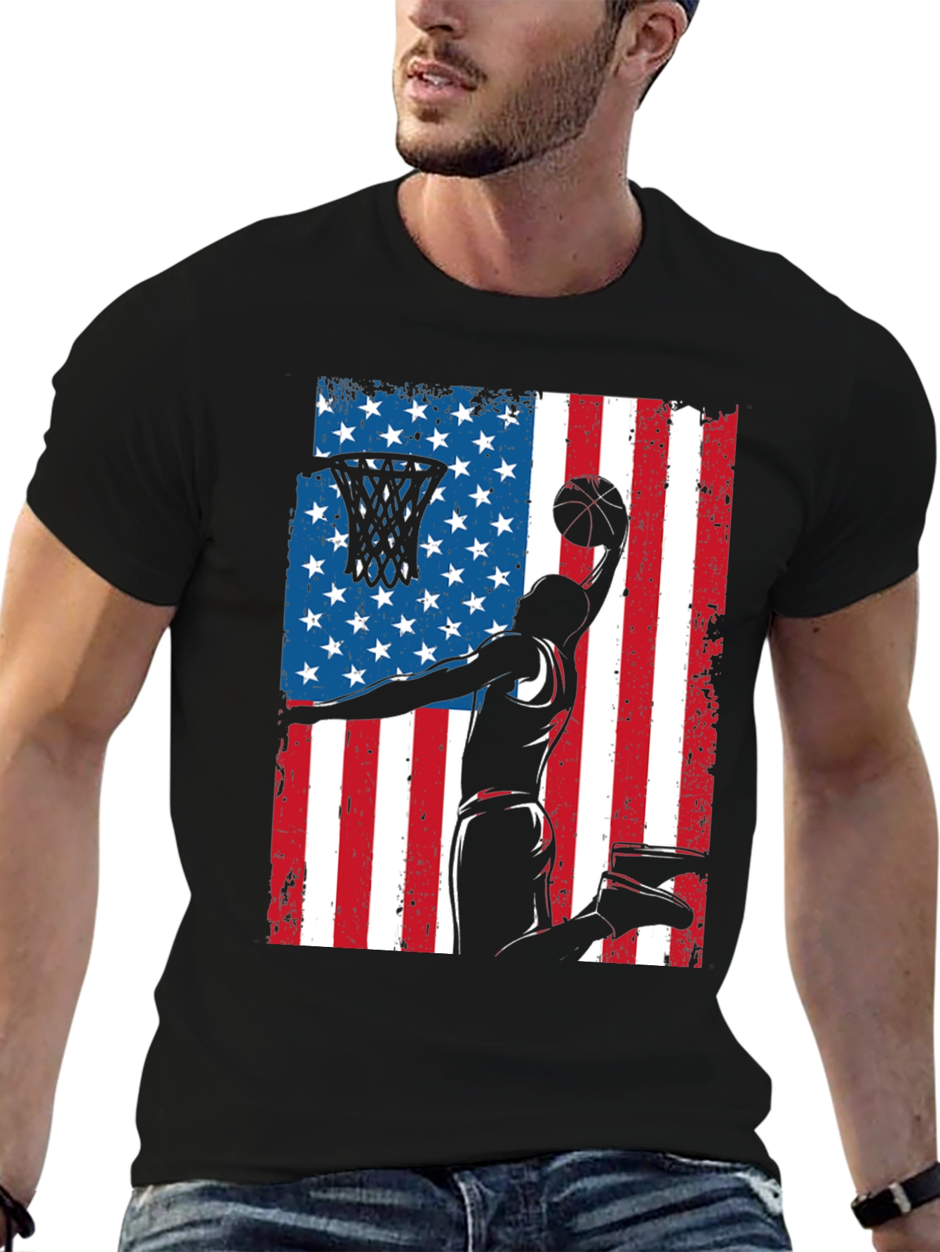 Patriotic Basketball Graphic Tee - USA Flag Dunk