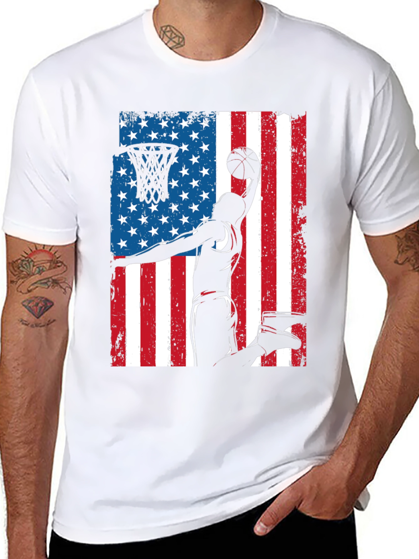 Patriotic Basketball Graphic Tee - USA Flag Dunk