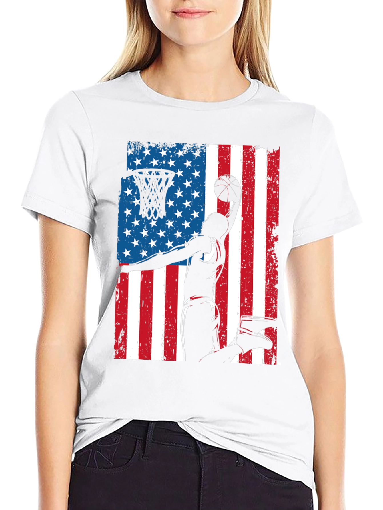Patriotic Basketball Graphic Tee - USA Flag Dunk