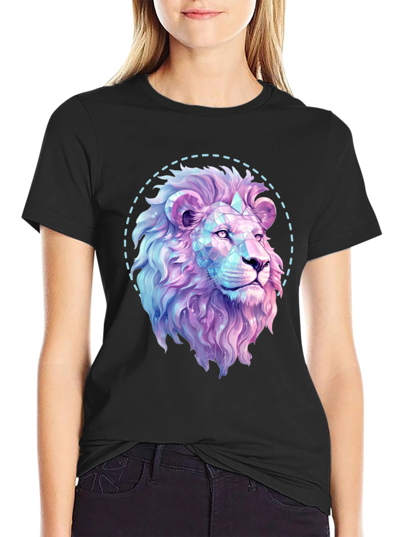Geometric Lion Graphic Print Black T-Shirt