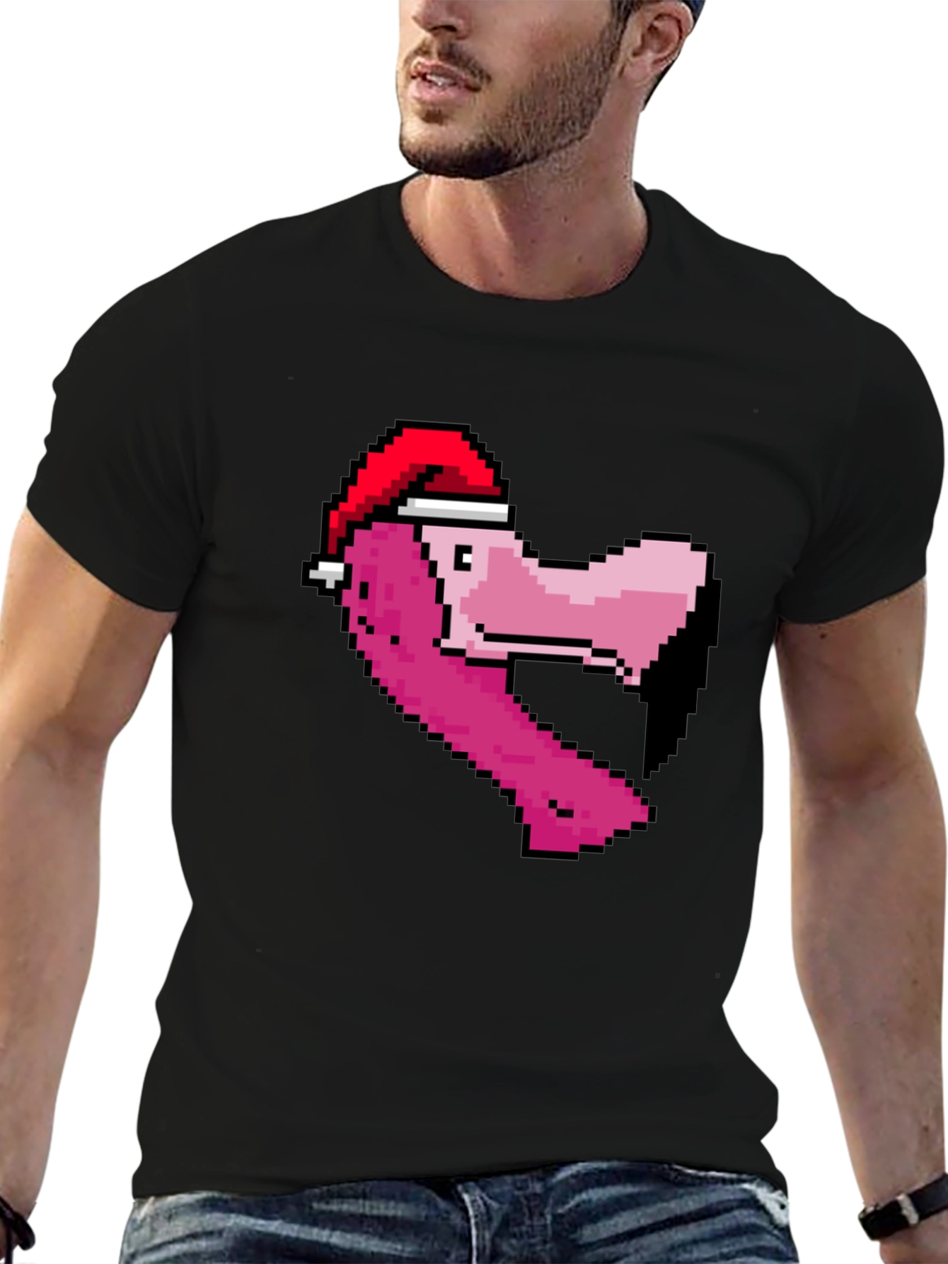Pixel Flamingo Santa Hat T-Shirt
