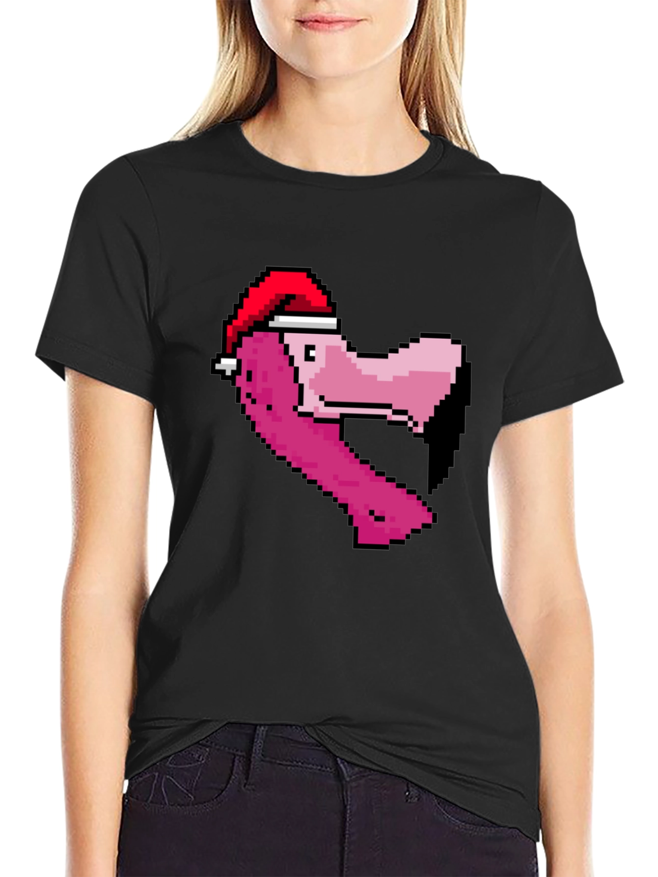 Pixel Flamingo Santa Hat T-Shirt