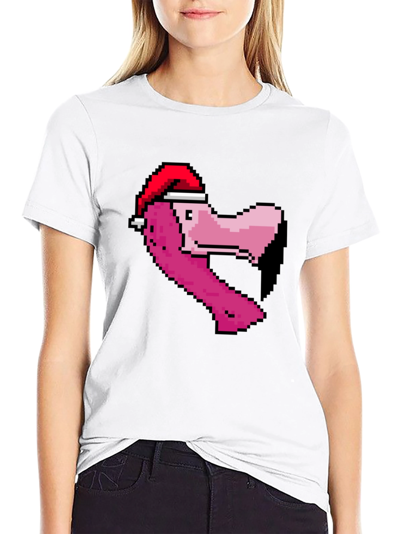 Pixel Flamingo Santa Hat T-Shirt