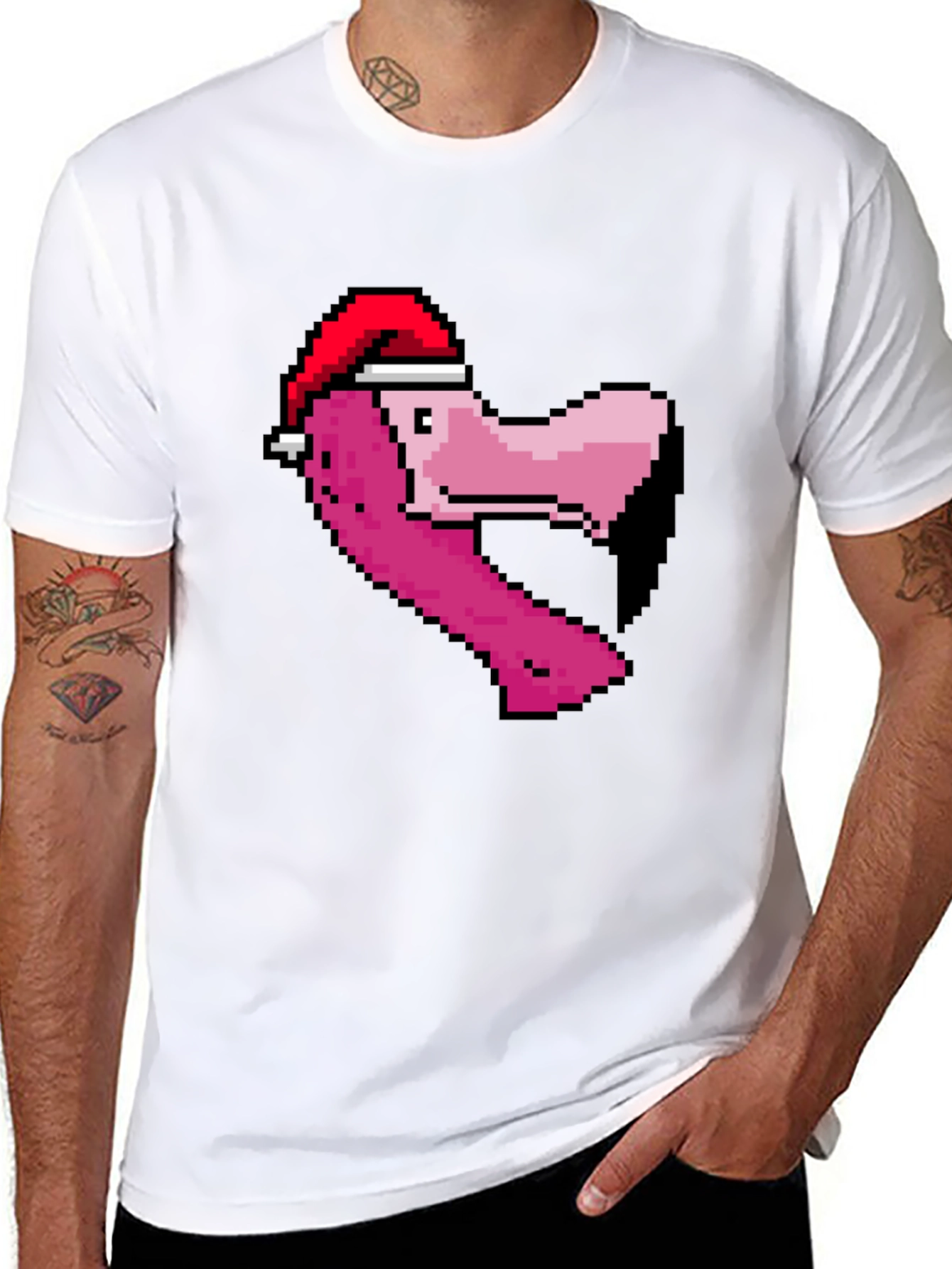 Pixel Flamingo Santa Hat T-Shirt