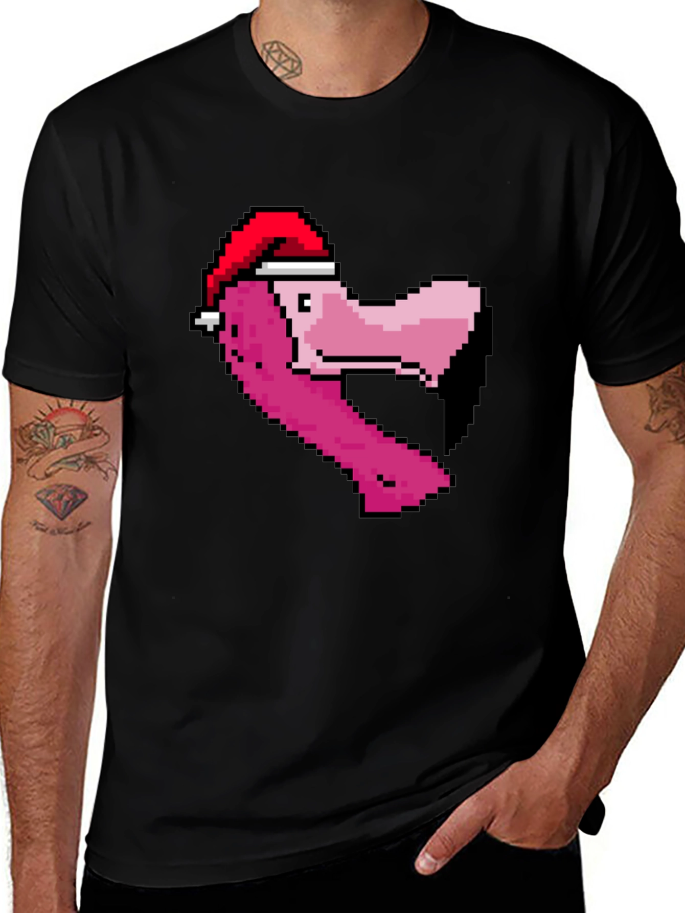 Pixel Flamingo Santa Hat T-Shirt