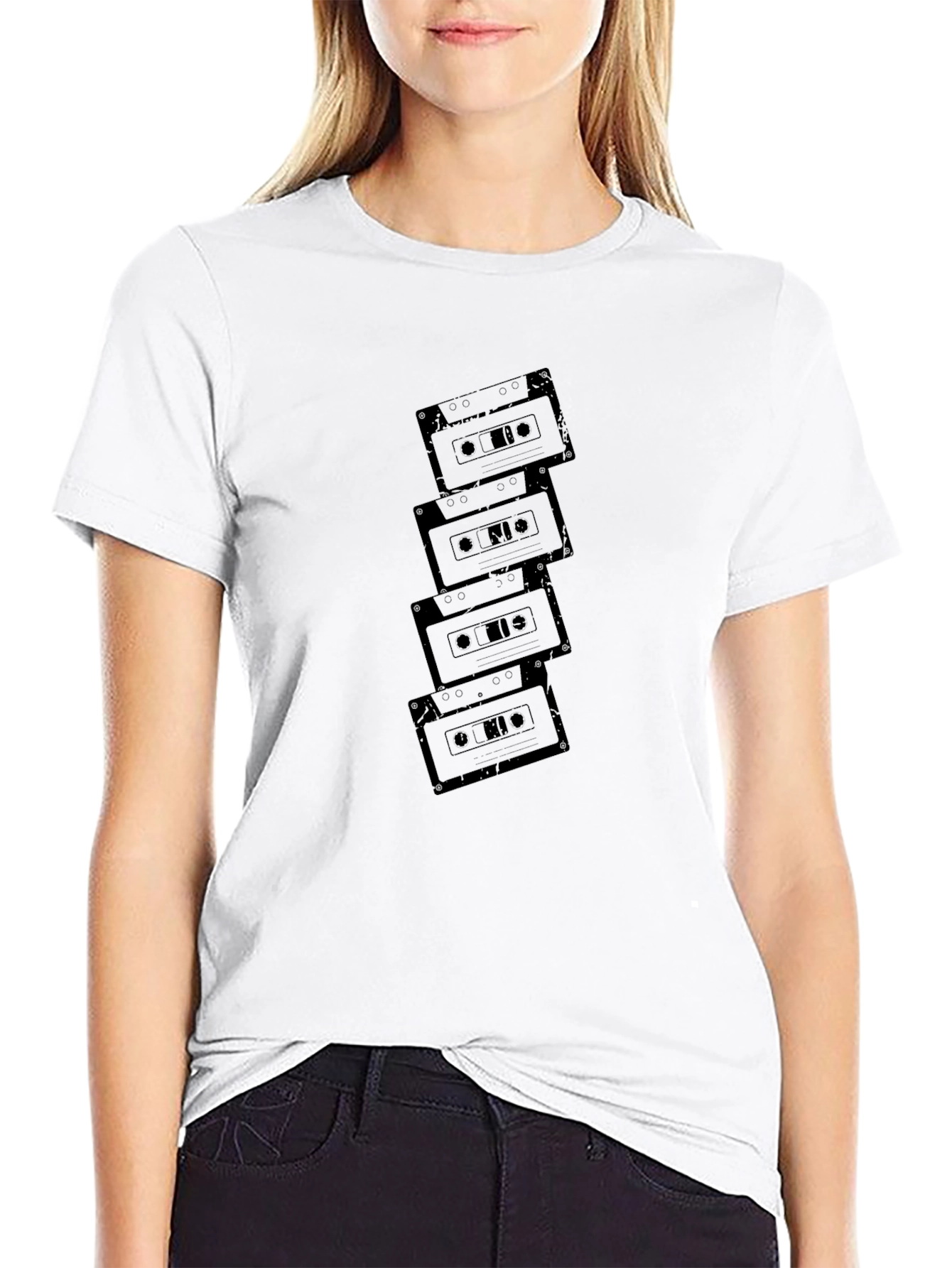 Retro Cassette Tape Stack Graphic T-Shirt - Black