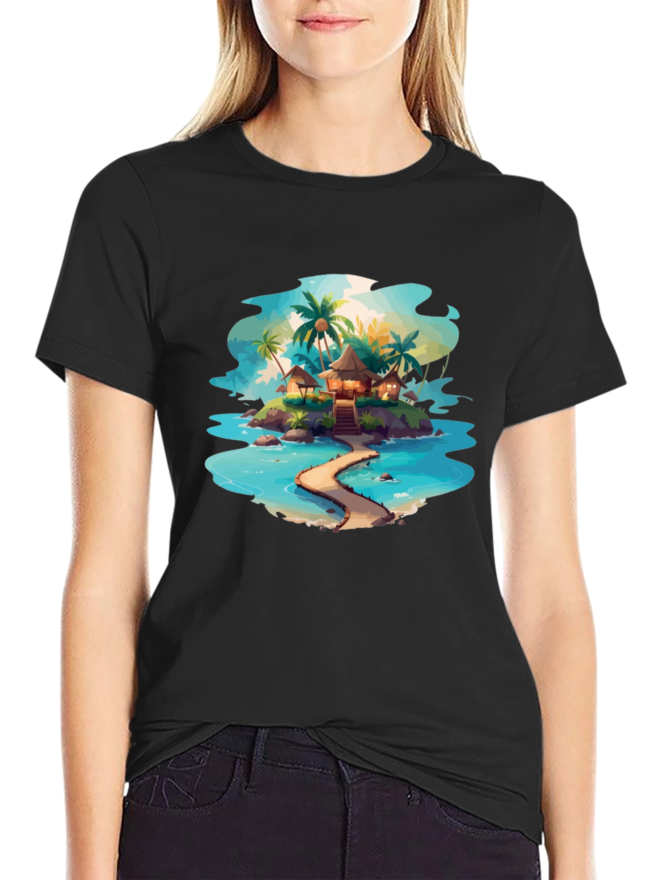 Tropical Island Graphic Black T-Shirt