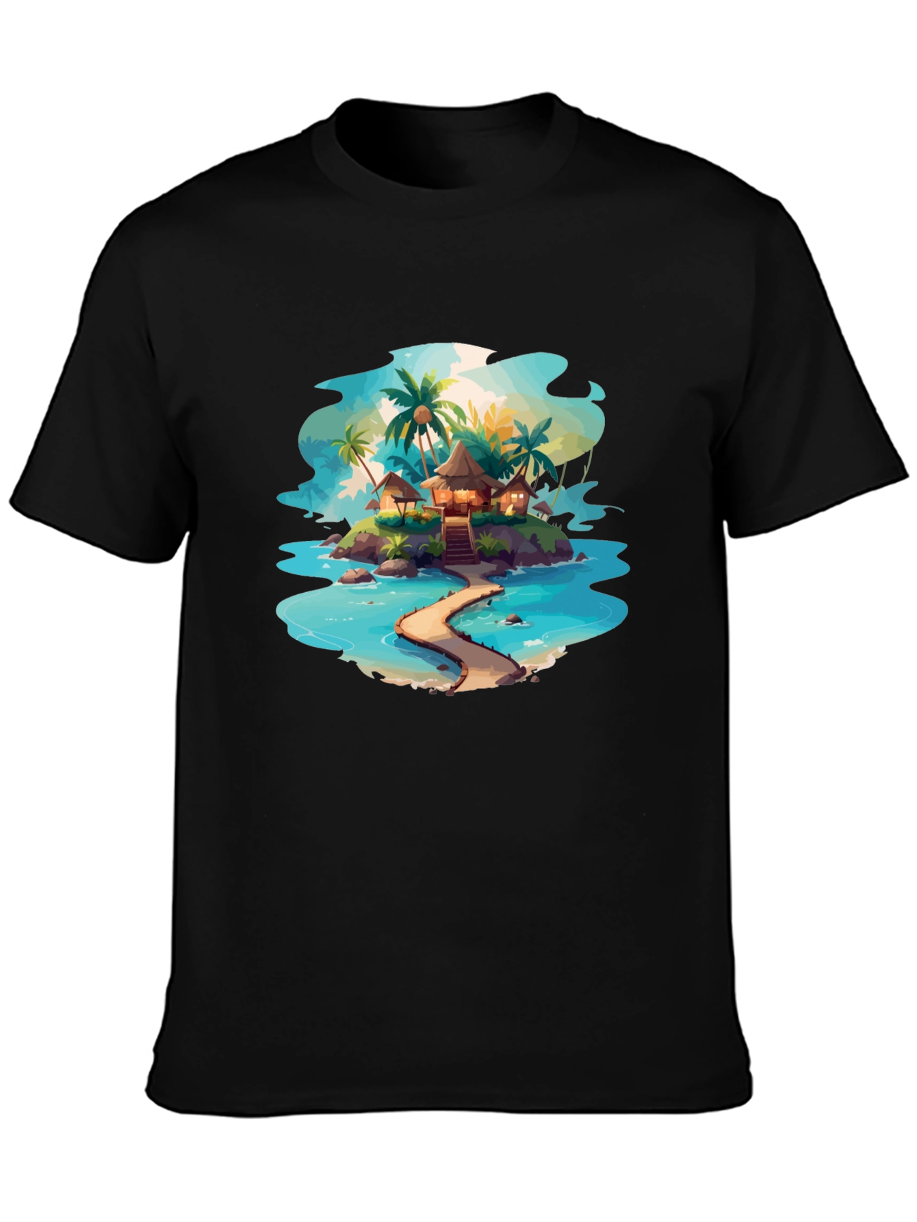 Tropical Island Graphic Black T-Shirt