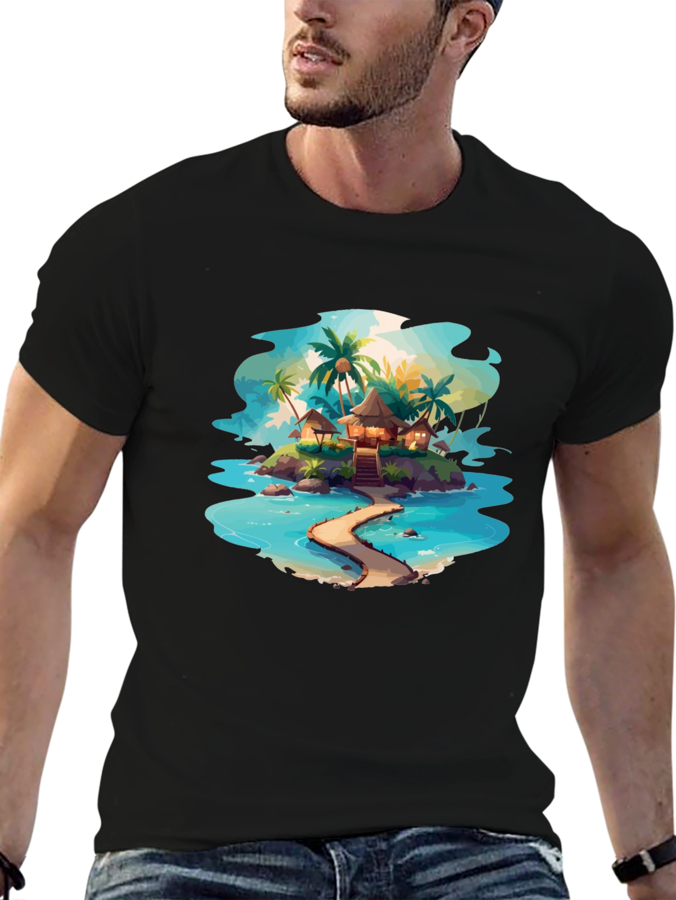 Tropical Island Graphic Black T-Shirt