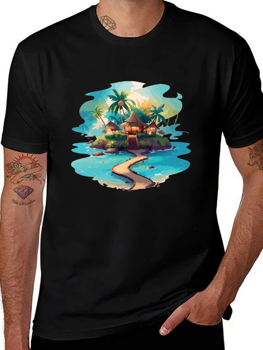 Tropical Island Graphic Black T-Shirt