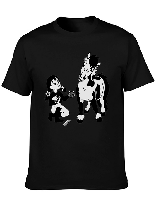 Cartoon Girl Grooming Horse Black T-Shirt