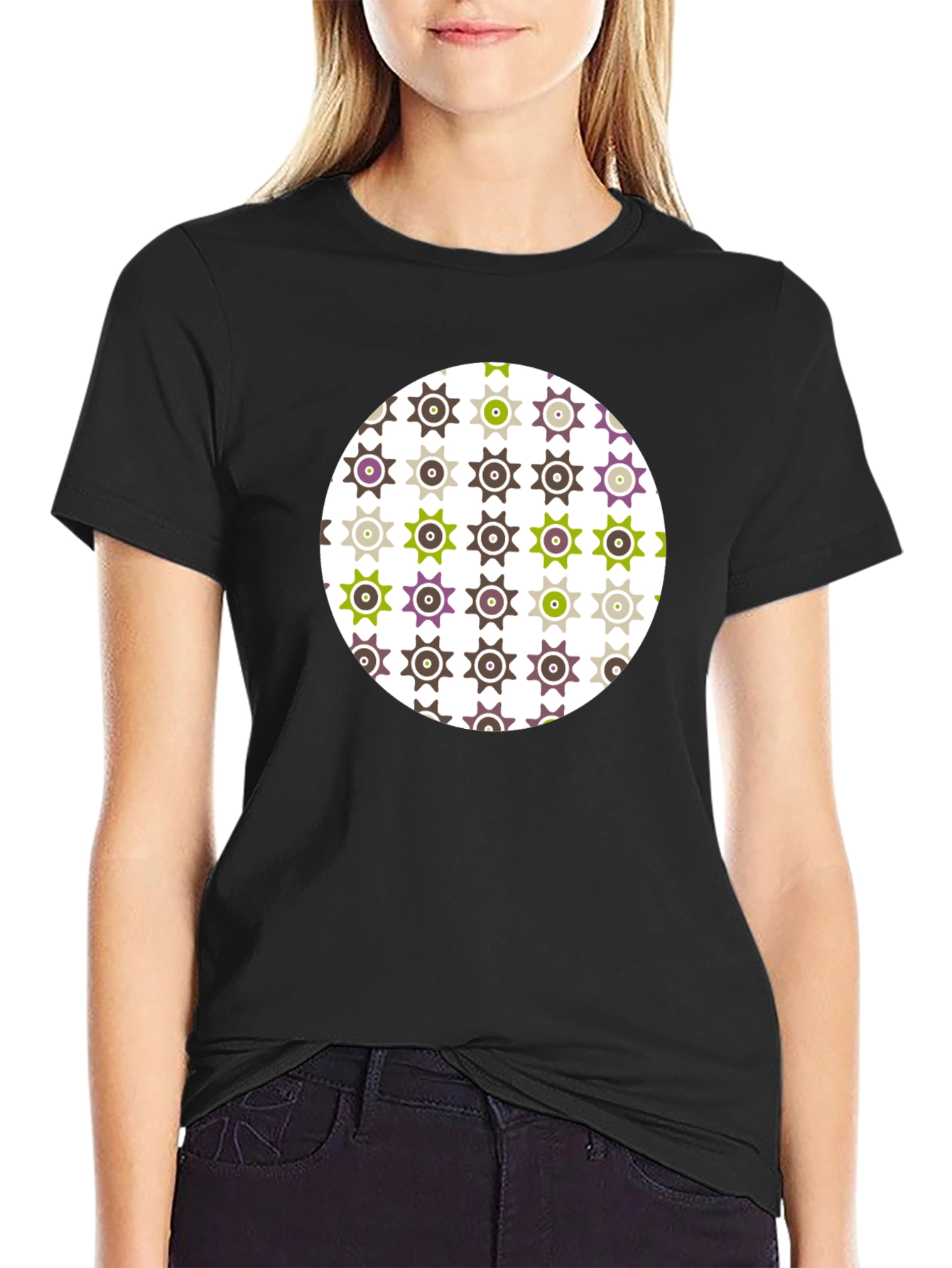 Patterned Graphic Tee - Black Cotton Blend Casual Wear