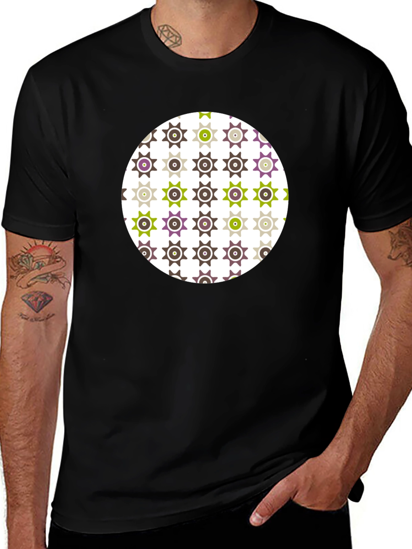 Patterned Graphic Tee - Black Cotton Blend Casual Wear
