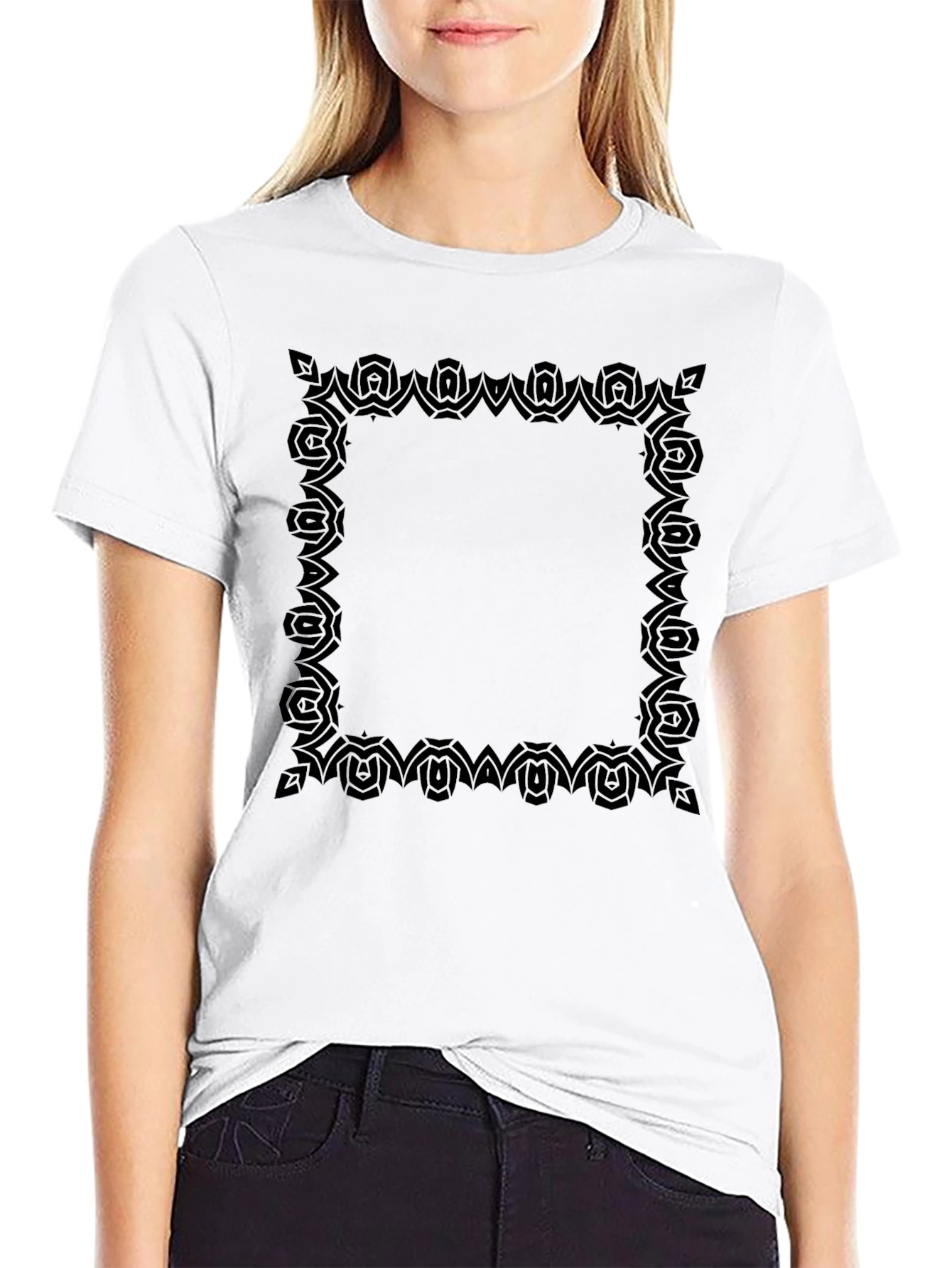 Stylish Black T-Shirt with Ornamental Square Print