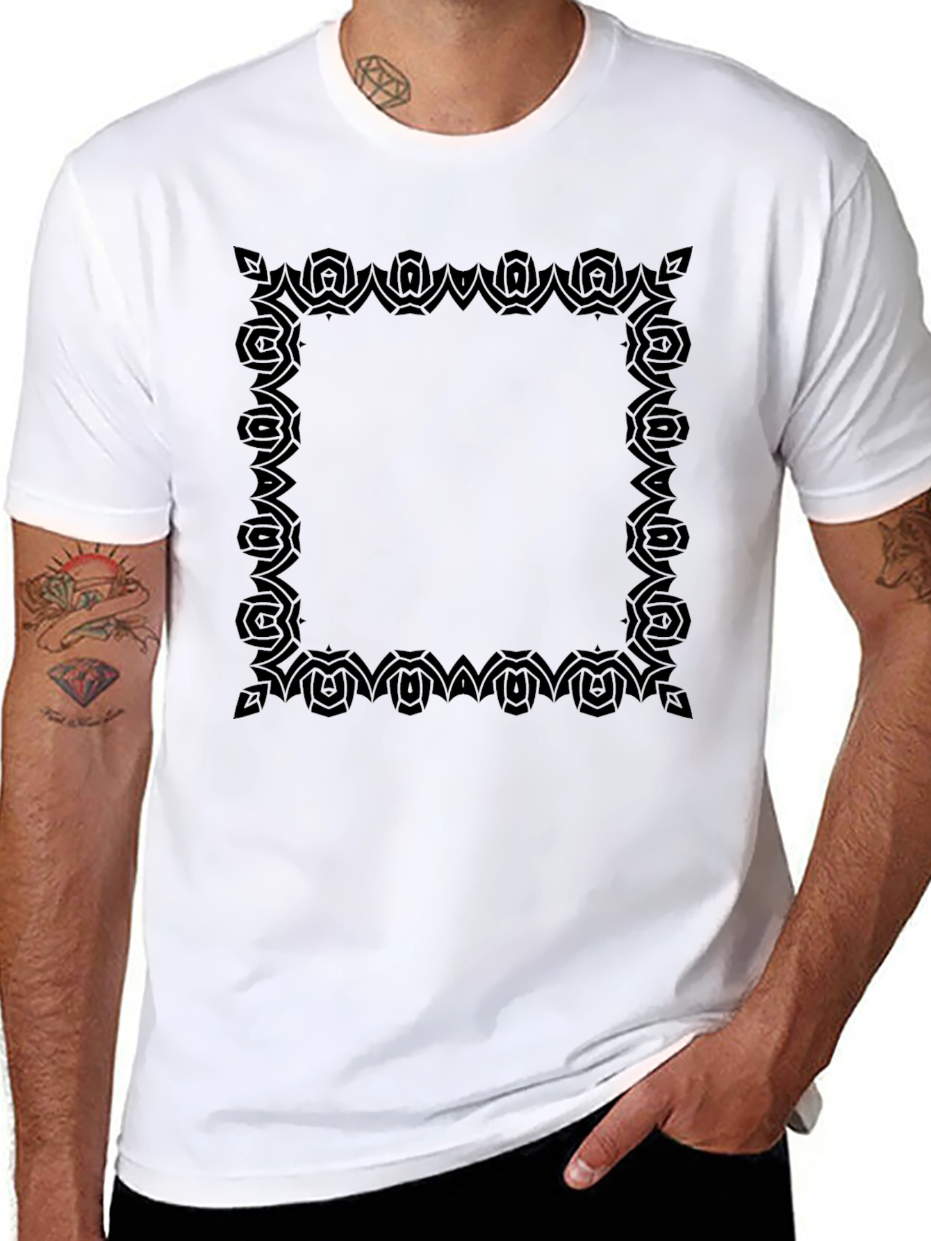 Stylish Black T-Shirt with Ornamental Square Print