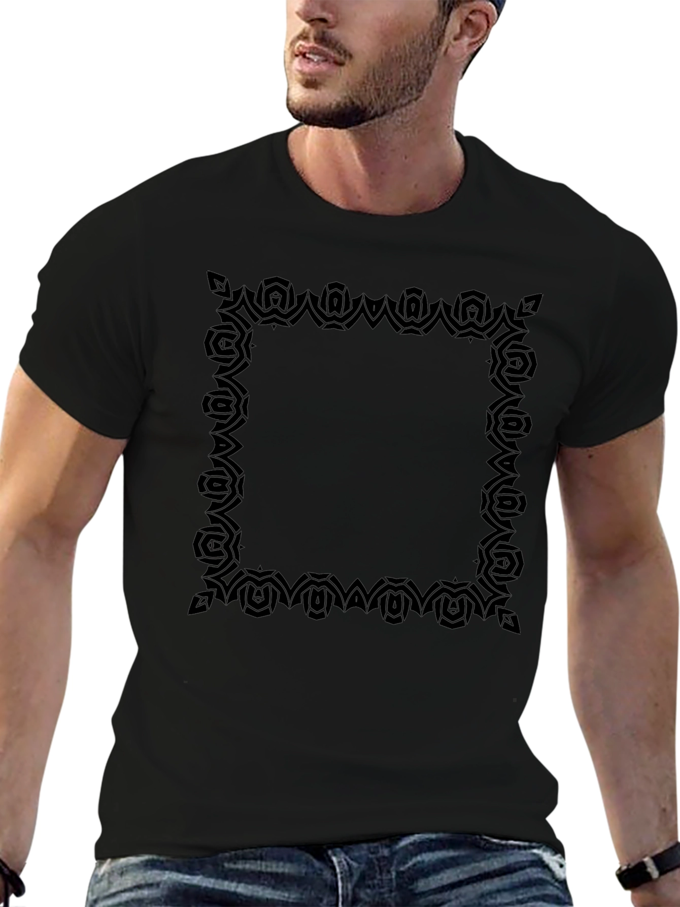 Stylish Black T-Shirt with Ornamental Square Print