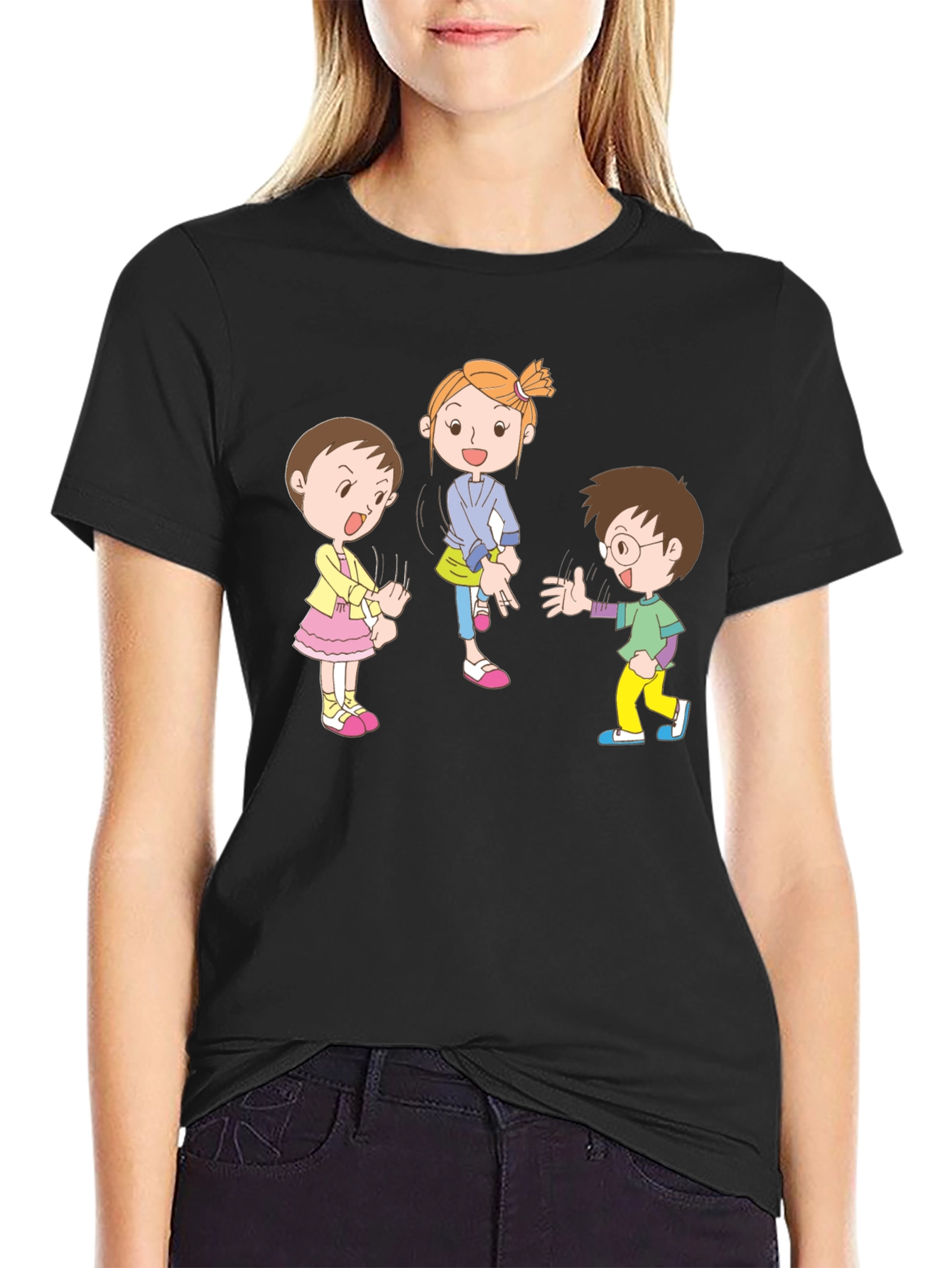 Cartoon Kids Black Cotton Graphic Tee