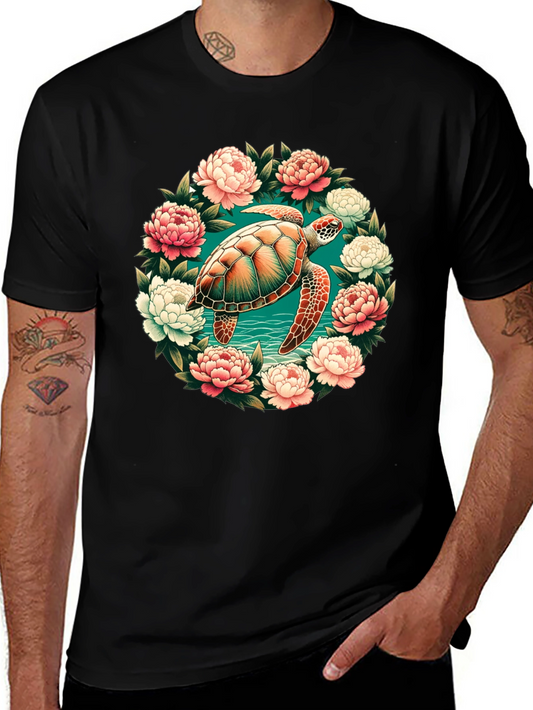 Sea Turtle Floral Wreath Graphic Tee - Black
