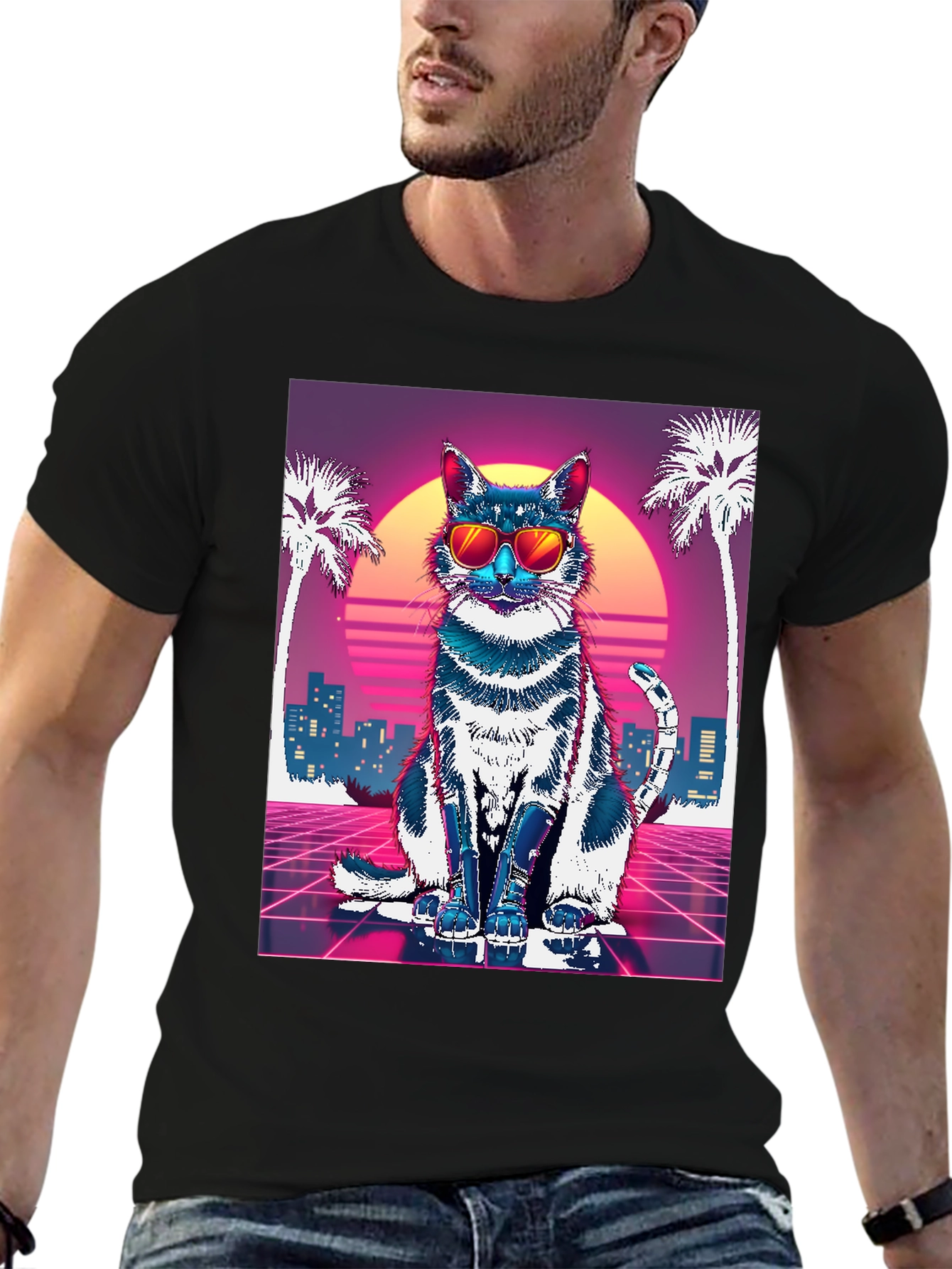 Retro Cat T-Shirt - Synthwave Style
