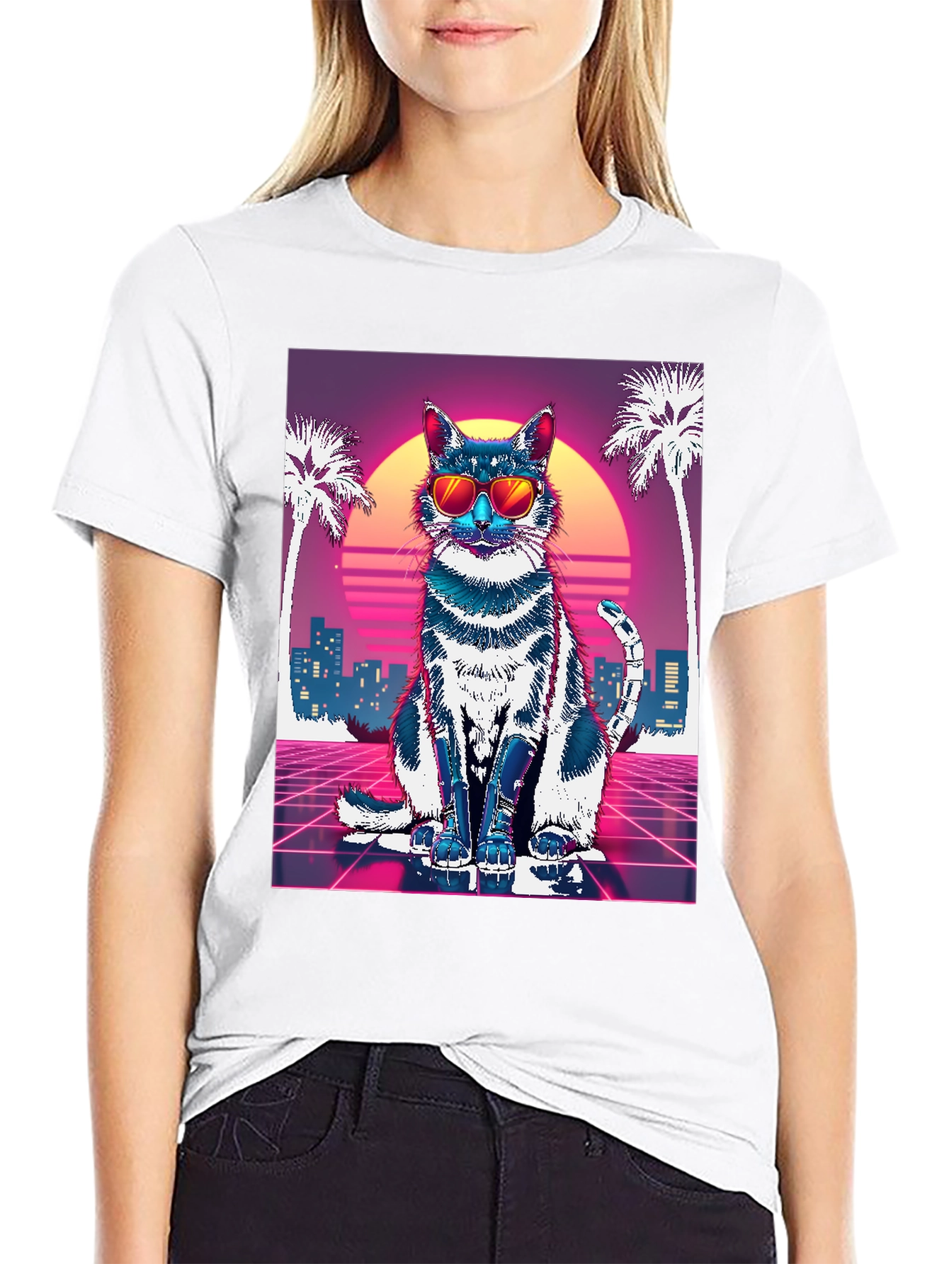 Retro Cat T-Shirt - Synthwave Style