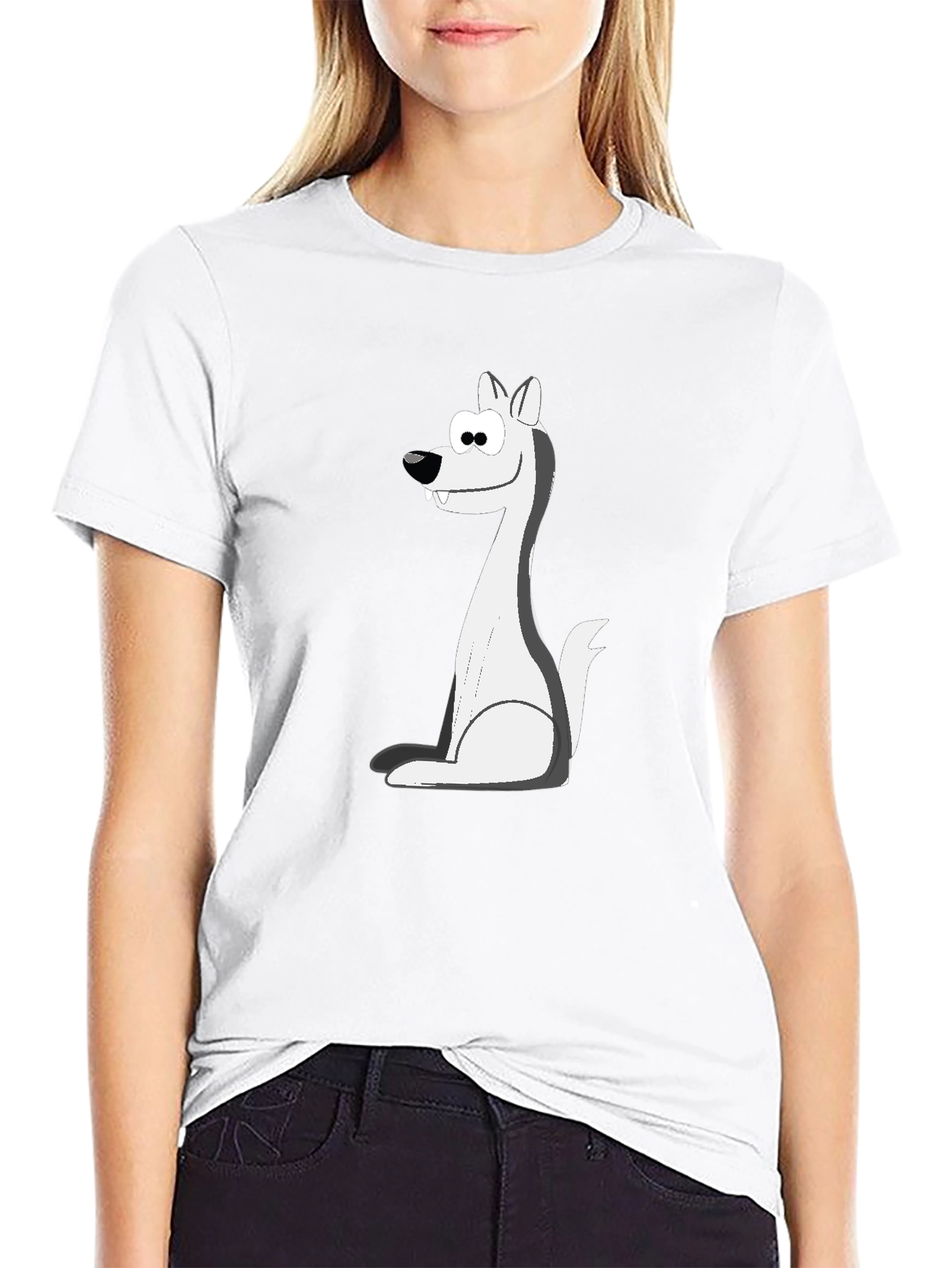 Cartoon Wolf Graphic Tee - Black Cotton Blend