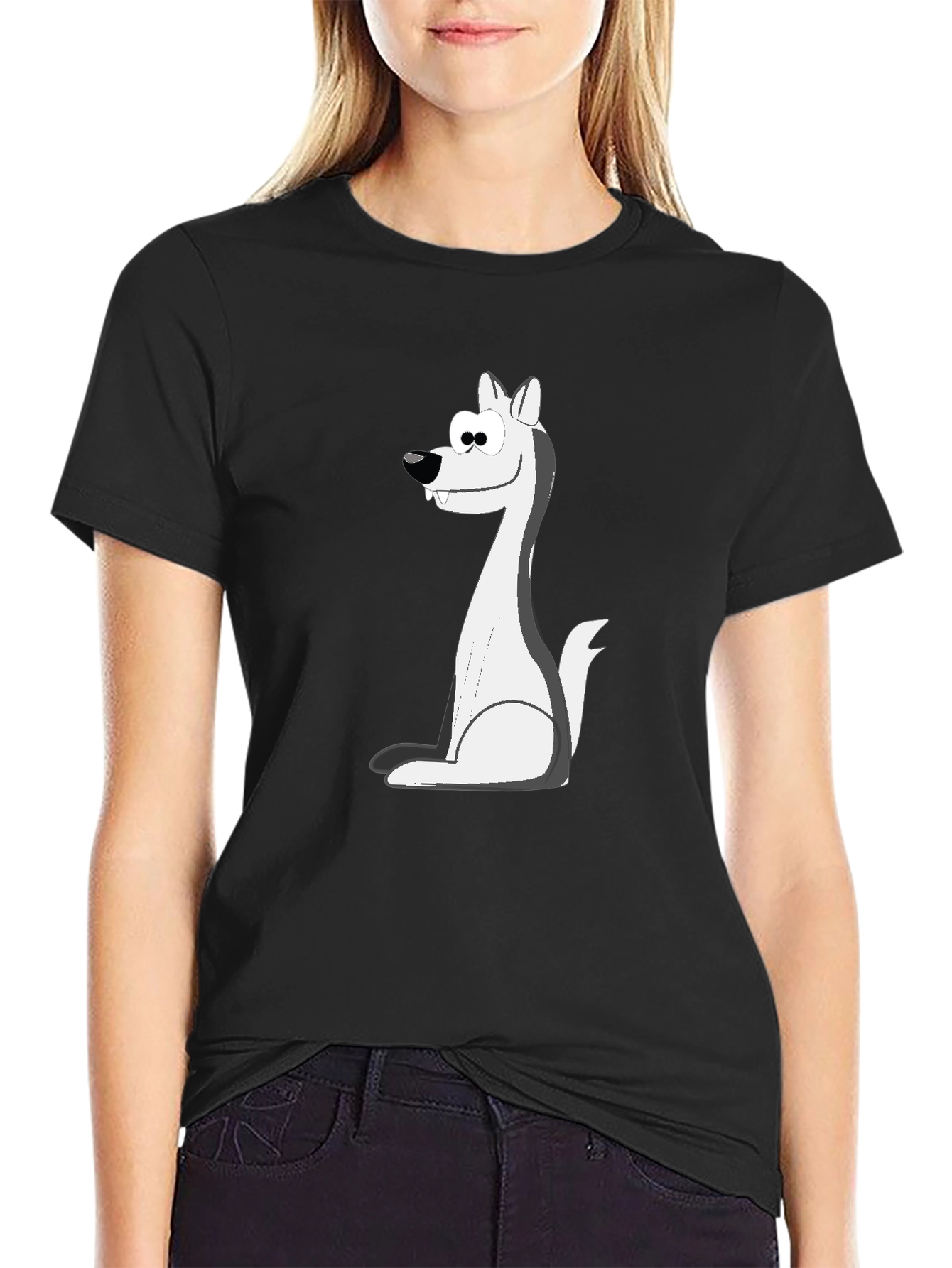 Cartoon Wolf Graphic Tee - Black Cotton Blend