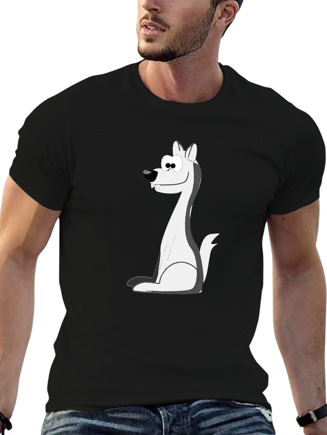 Cartoon Wolf Graphic Tee - Black Cotton Blend