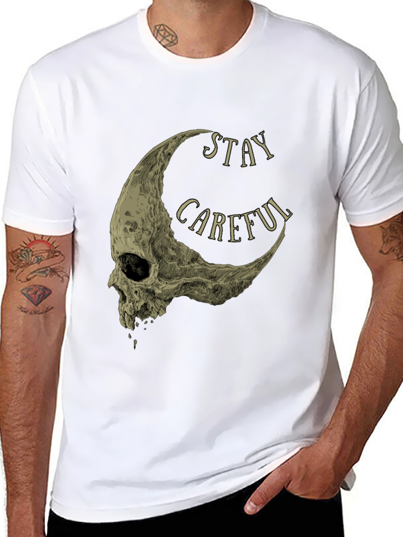 Stay Careful Skull Moon Graphic Tee - Black