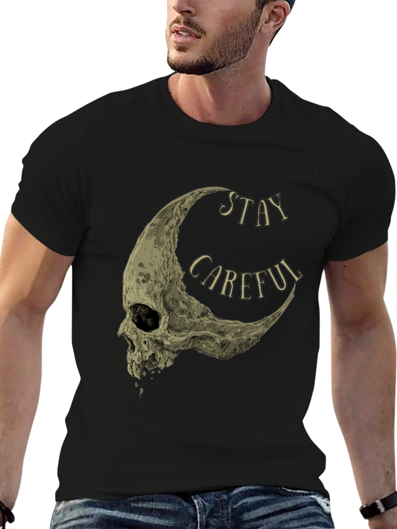 Stay Careful Skull Moon Graphic Tee - Black