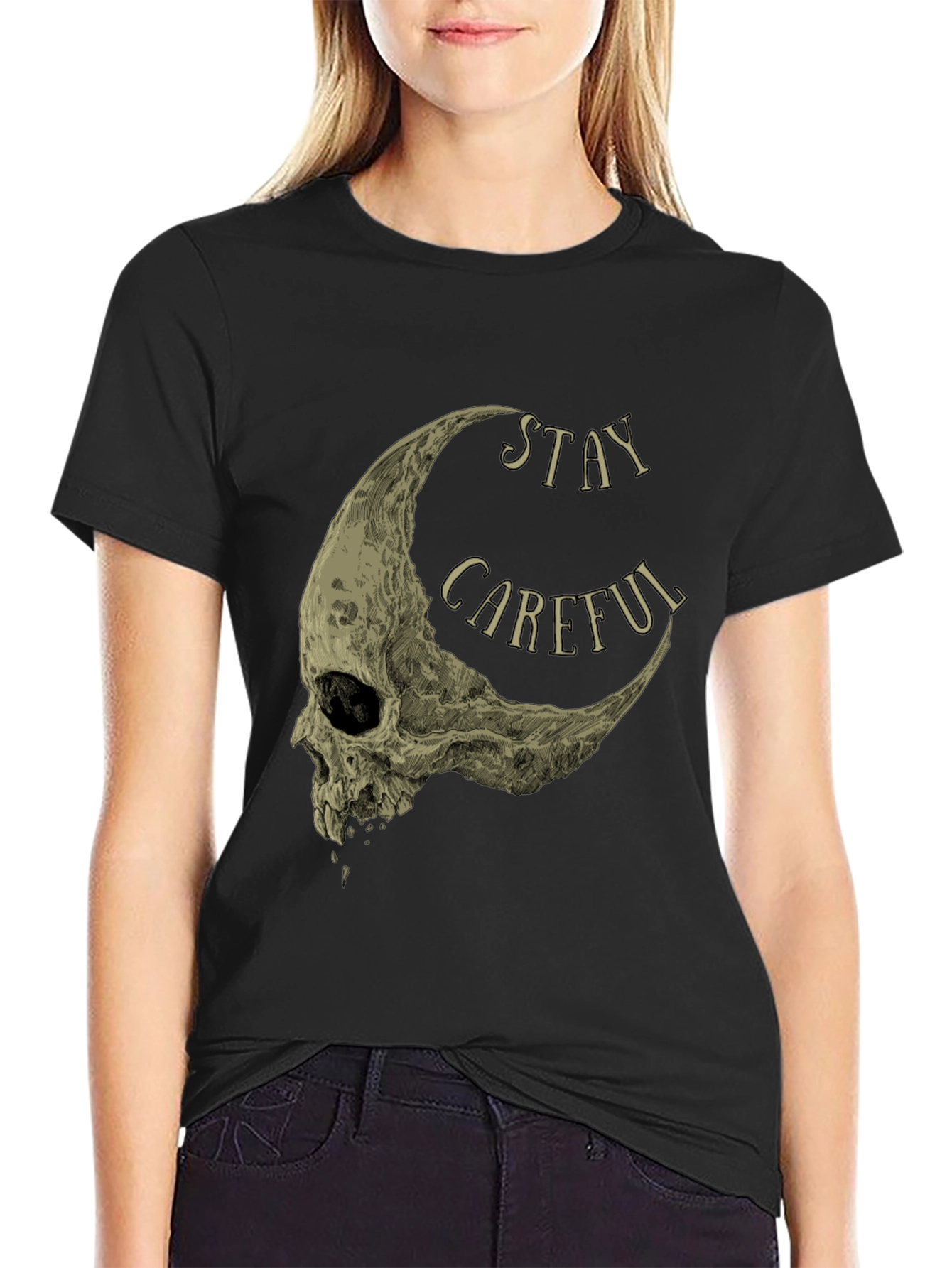 Stay Careful Skull Moon Graphic Tee - Black