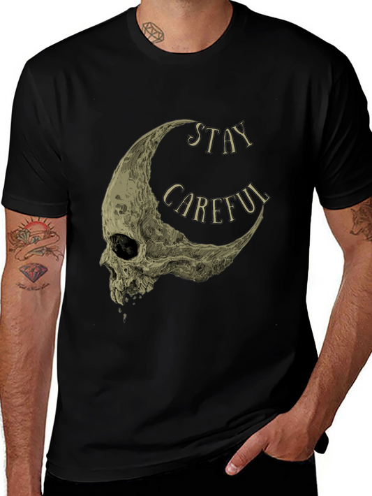 Stay Careful Skull Moon Graphic Tee - Black