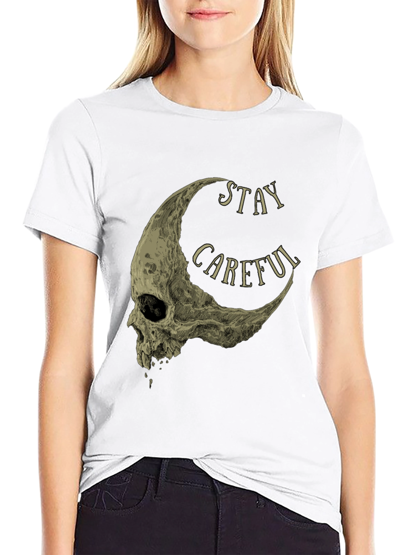 Stay Careful Skull Moon Graphic Tee - Black
