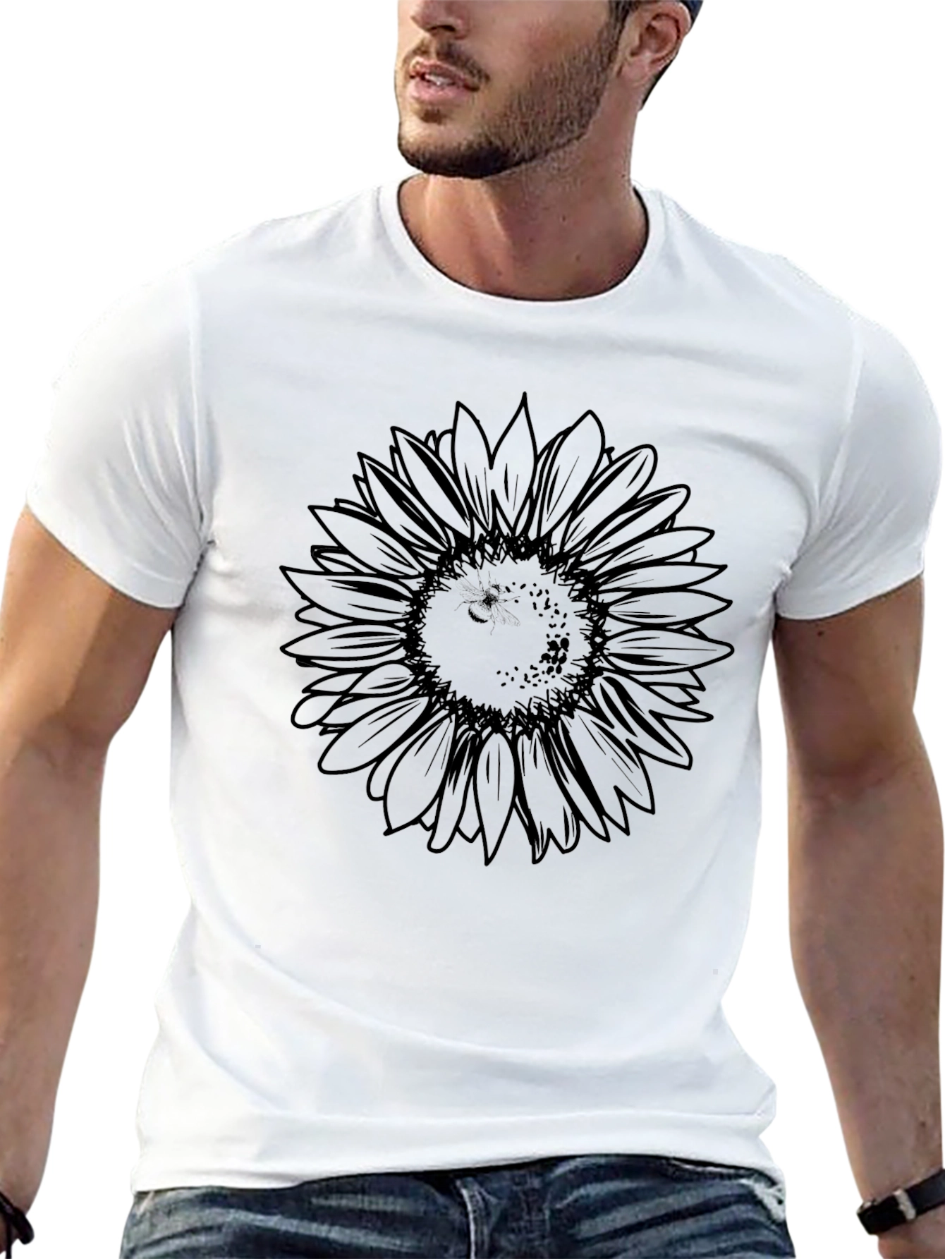 Black Sunflower Outline Graphic Tee - Mens Casual