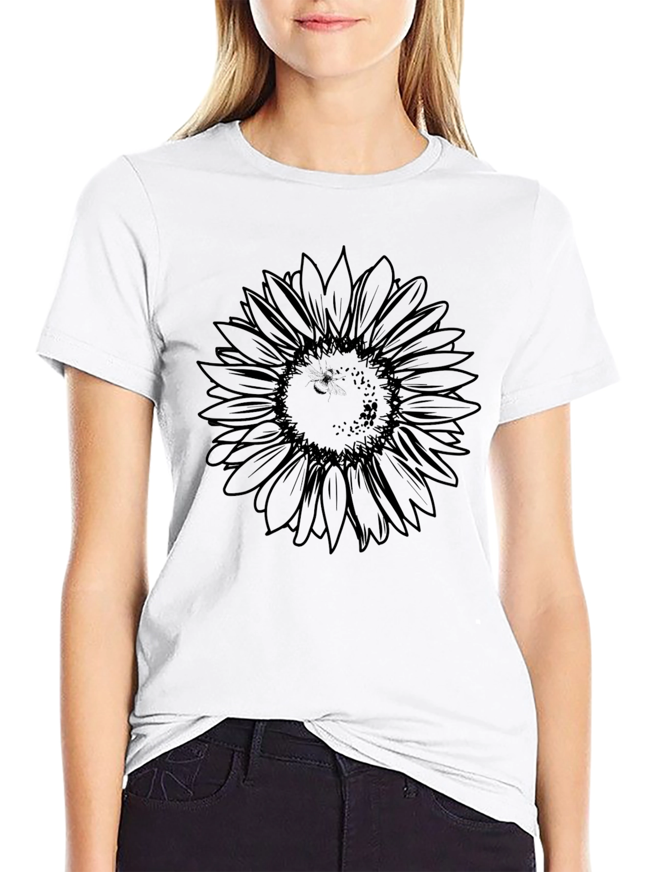 Black Sunflower Outline Graphic Tee - Mens Casual