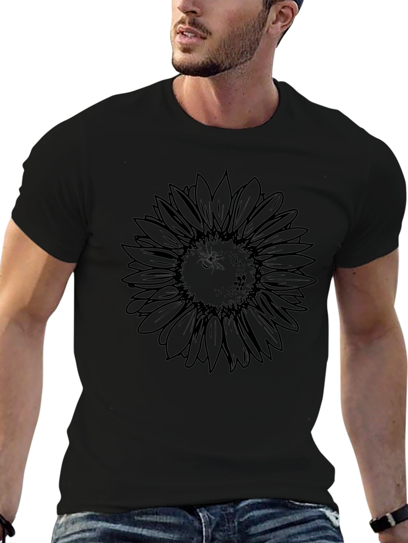 Black Sunflower Outline Graphic Tee - Mens Casual