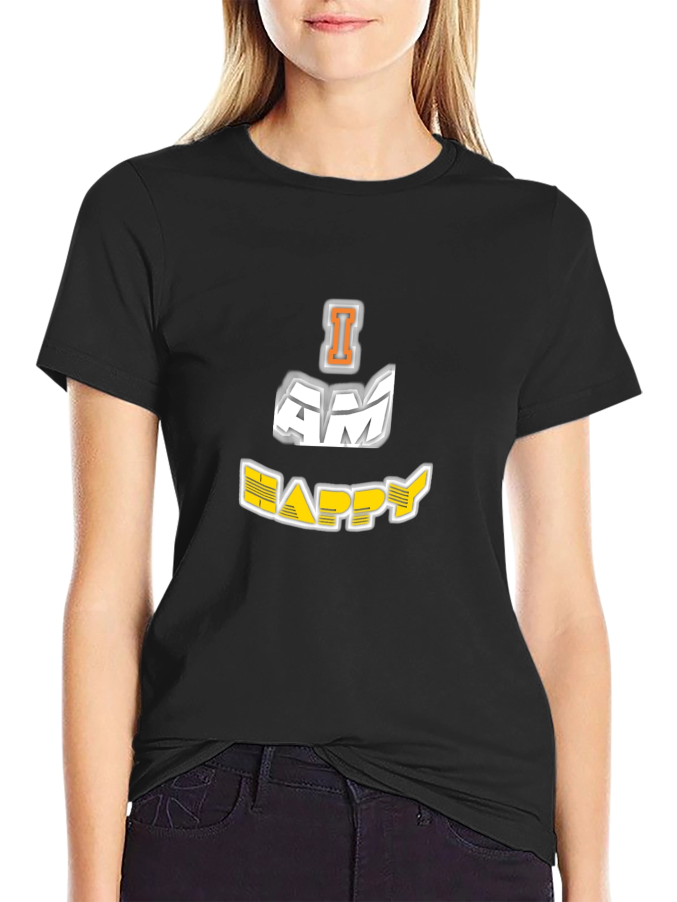 I AM HAPPY Graphic Black T-Shirt
