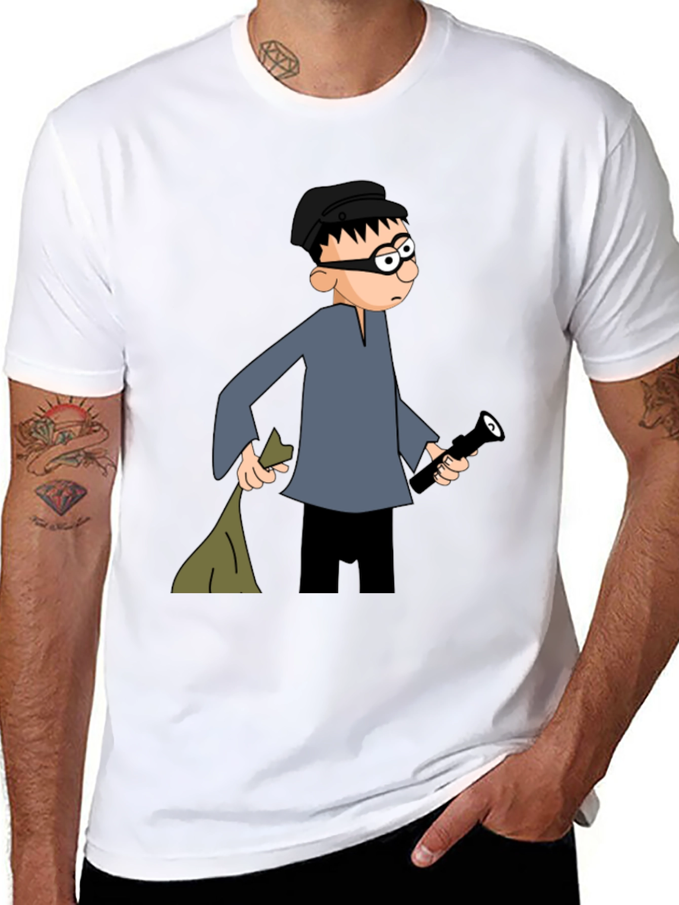 Cartoon Burglar Black T-Shirt
