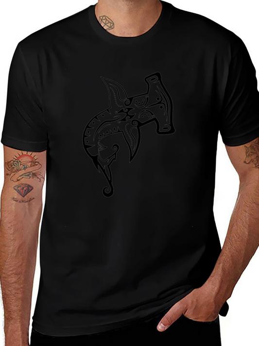 Hammerhead Shark Tribal Design Black T-Shirt