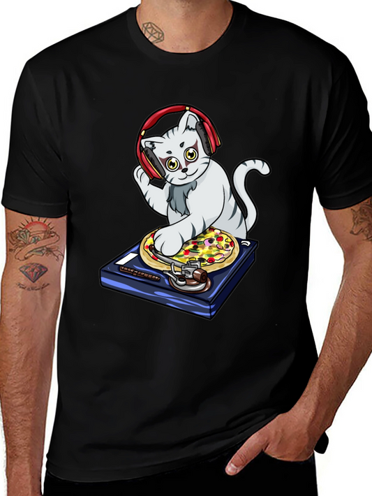 DJ Cat Pizza Turntable Graphic T-Shirt