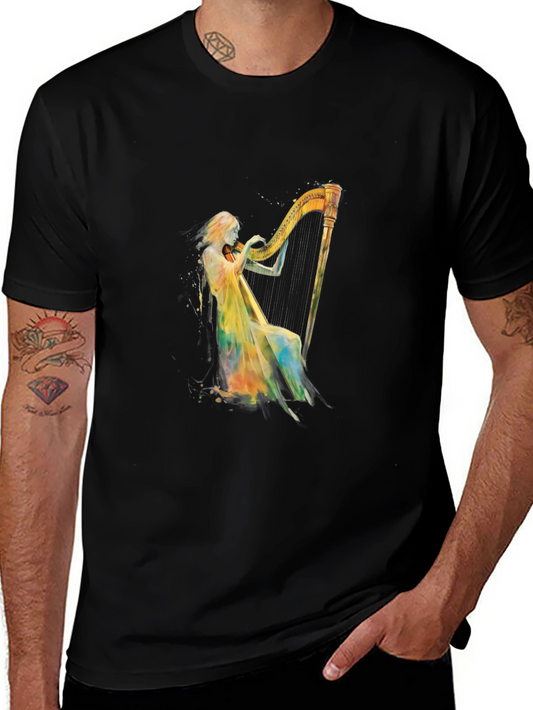 Harpist Watercolor Graphic T-Shirt - Soft Black Tee