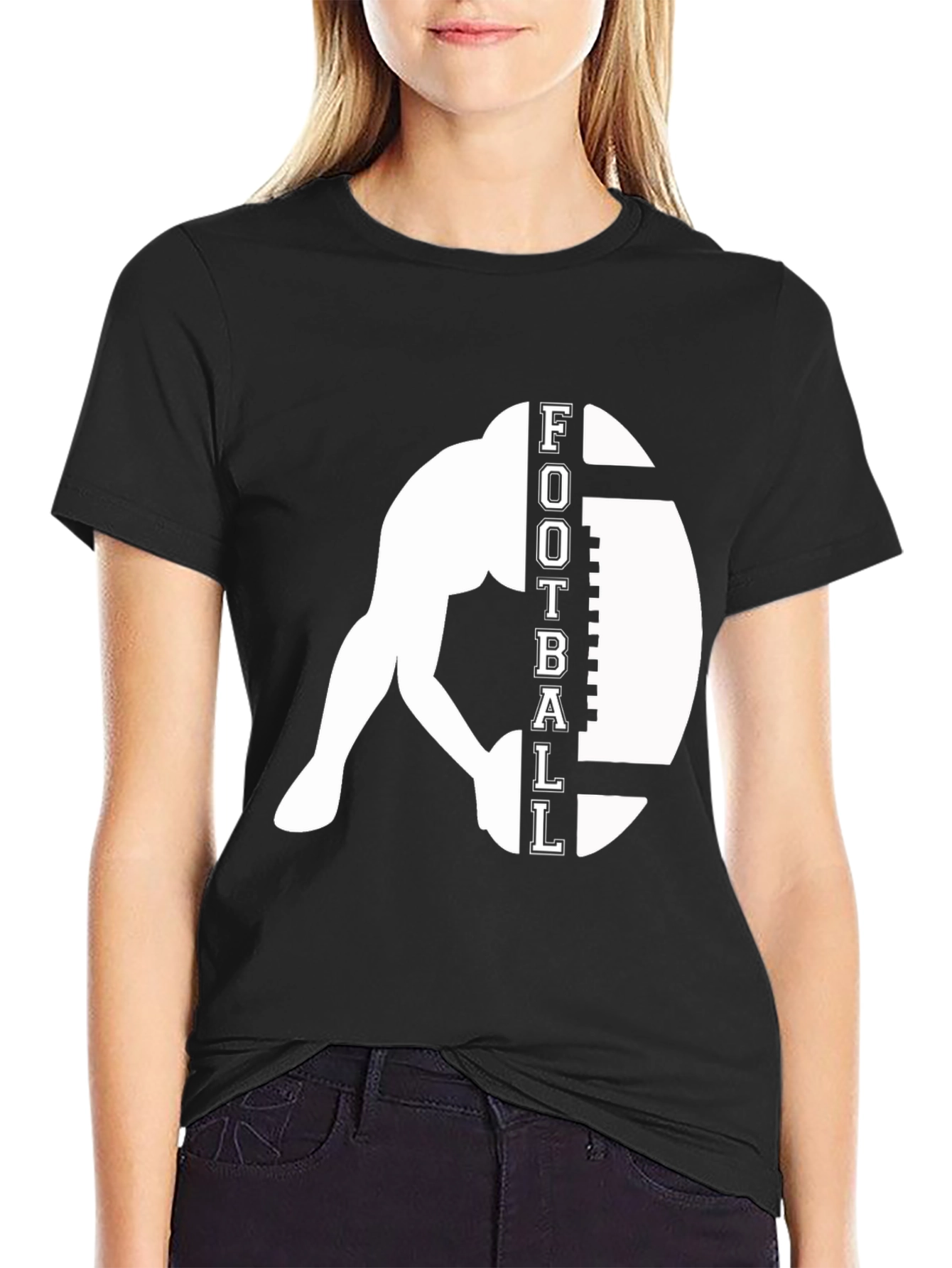Football Player Graphic Tee - Black Cotton T-Shirt