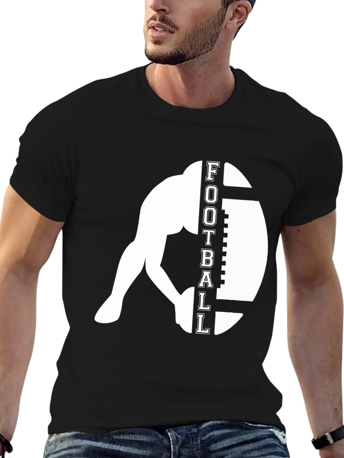 Football Player Graphic Tee - Black Cotton T-Shirt