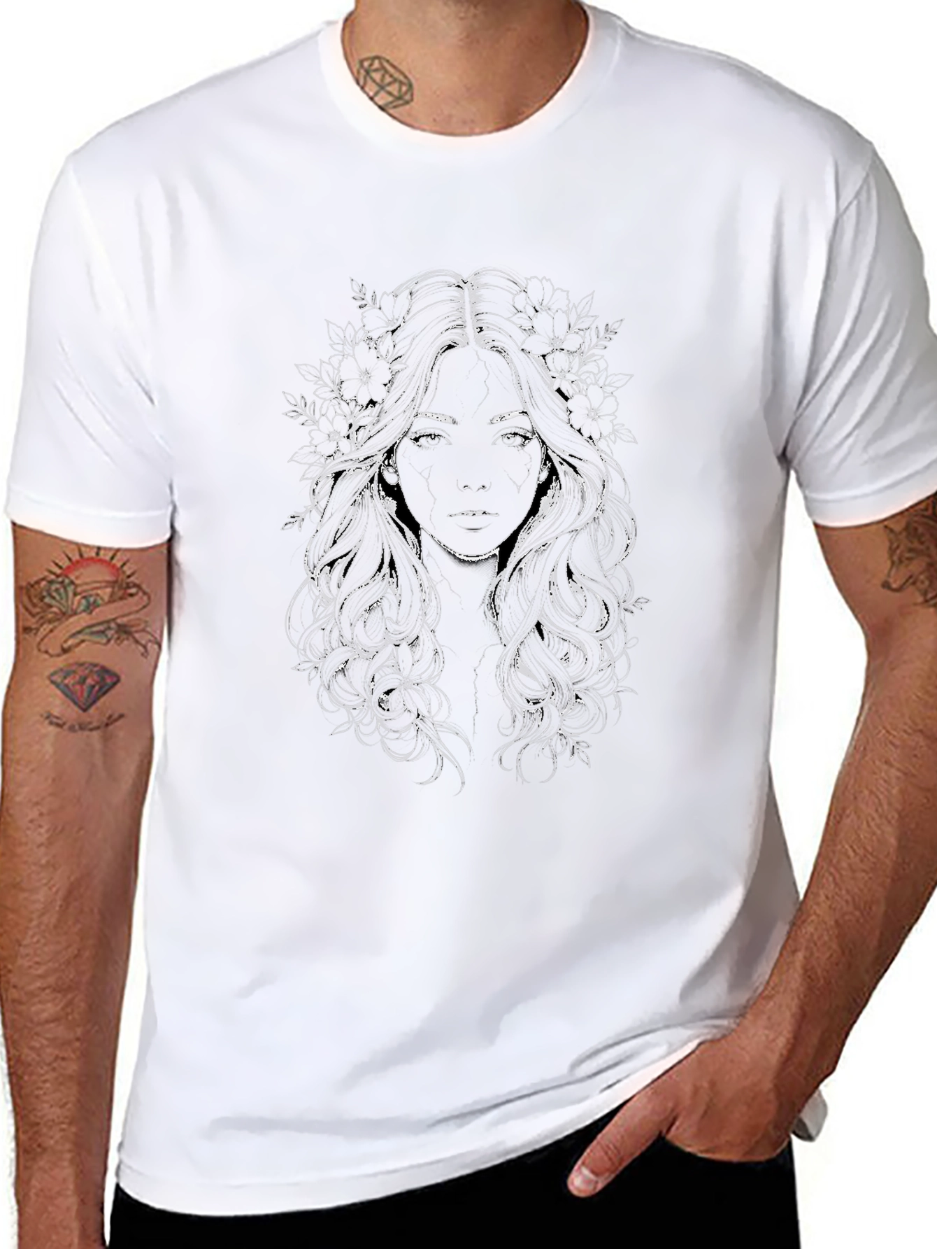 Floral Woman Graphic Tee - Black Cotton Blend