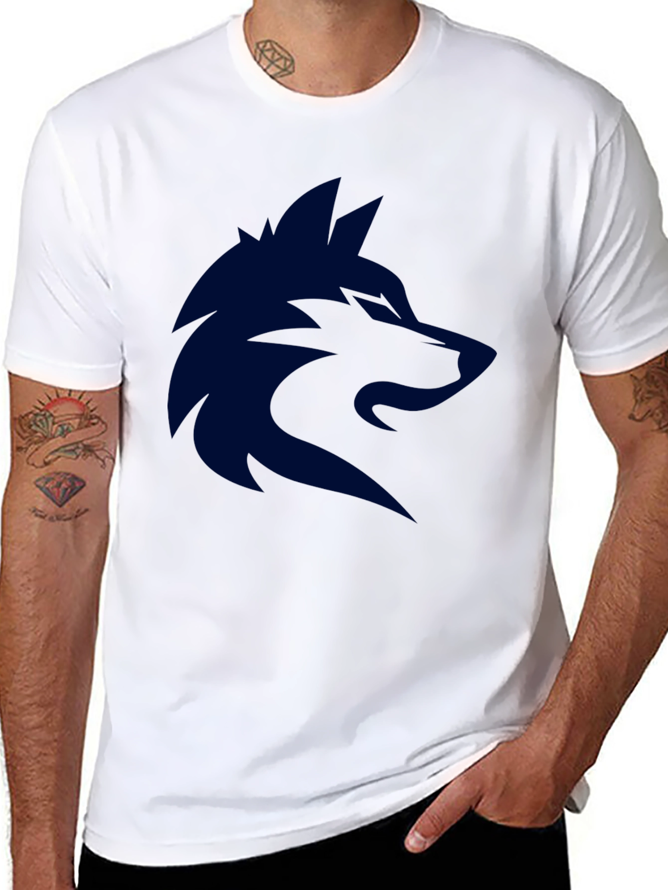 Mens Black T-Shirt with Dark Blue Wolf Graphic