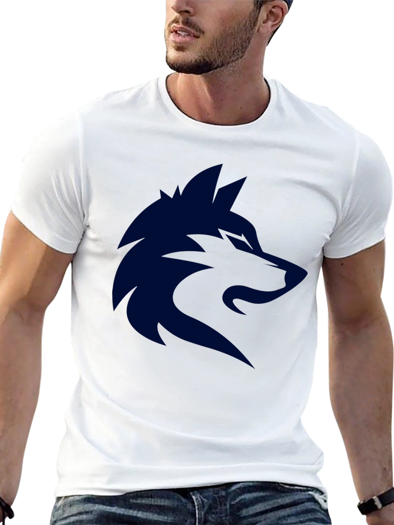 Mens Black T-Shirt with Dark Blue Wolf Graphic