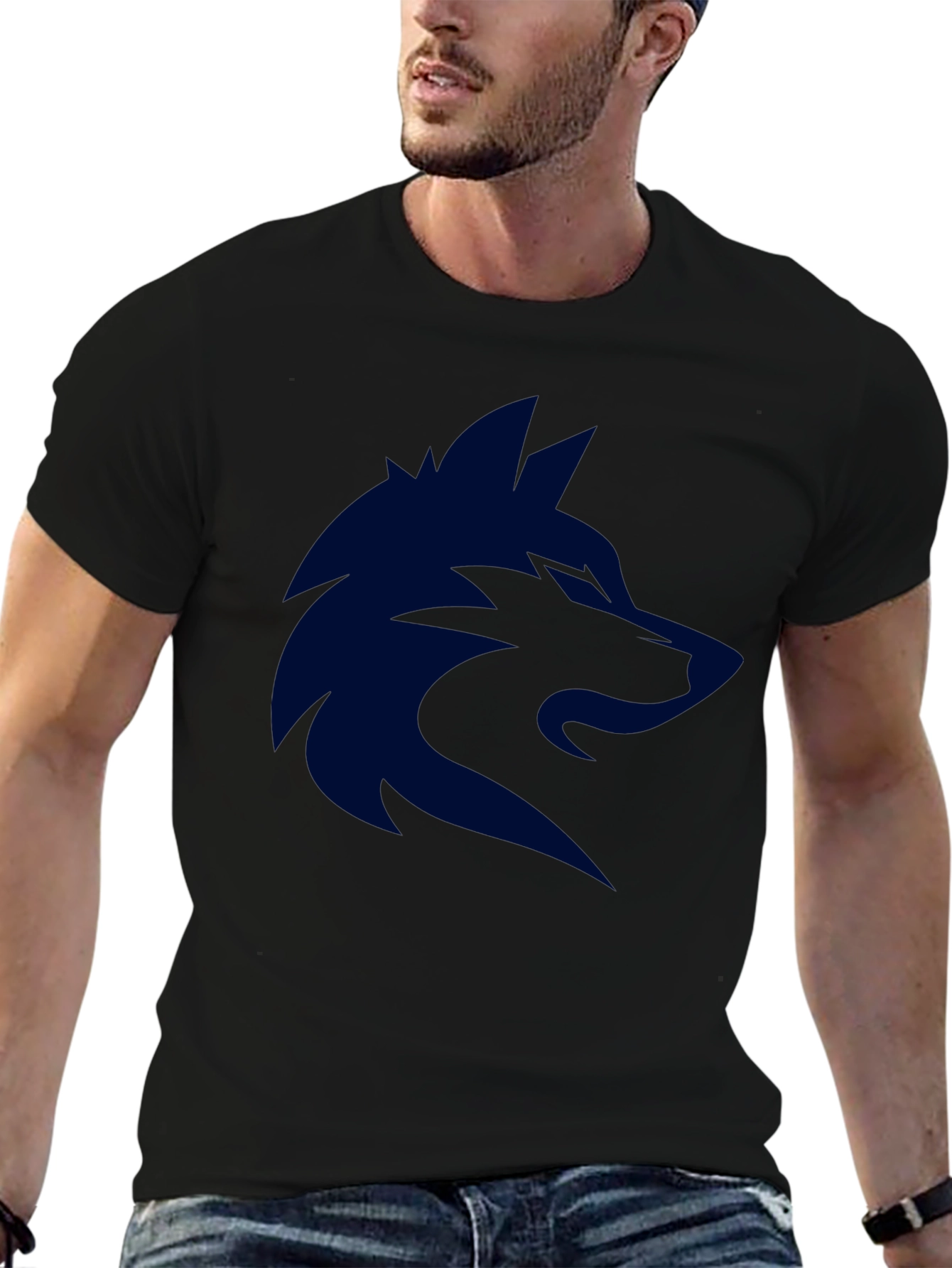 Mens Black T-Shirt with Dark Blue Wolf Graphic