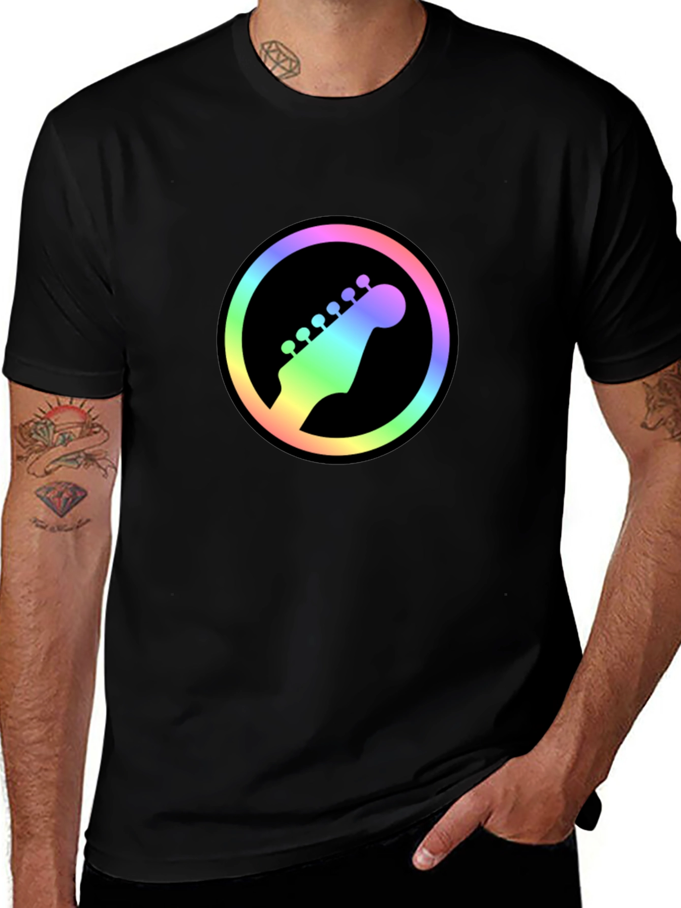 Rainbow Guitar Headstock Graphic Tee - Black Cotton Shirt