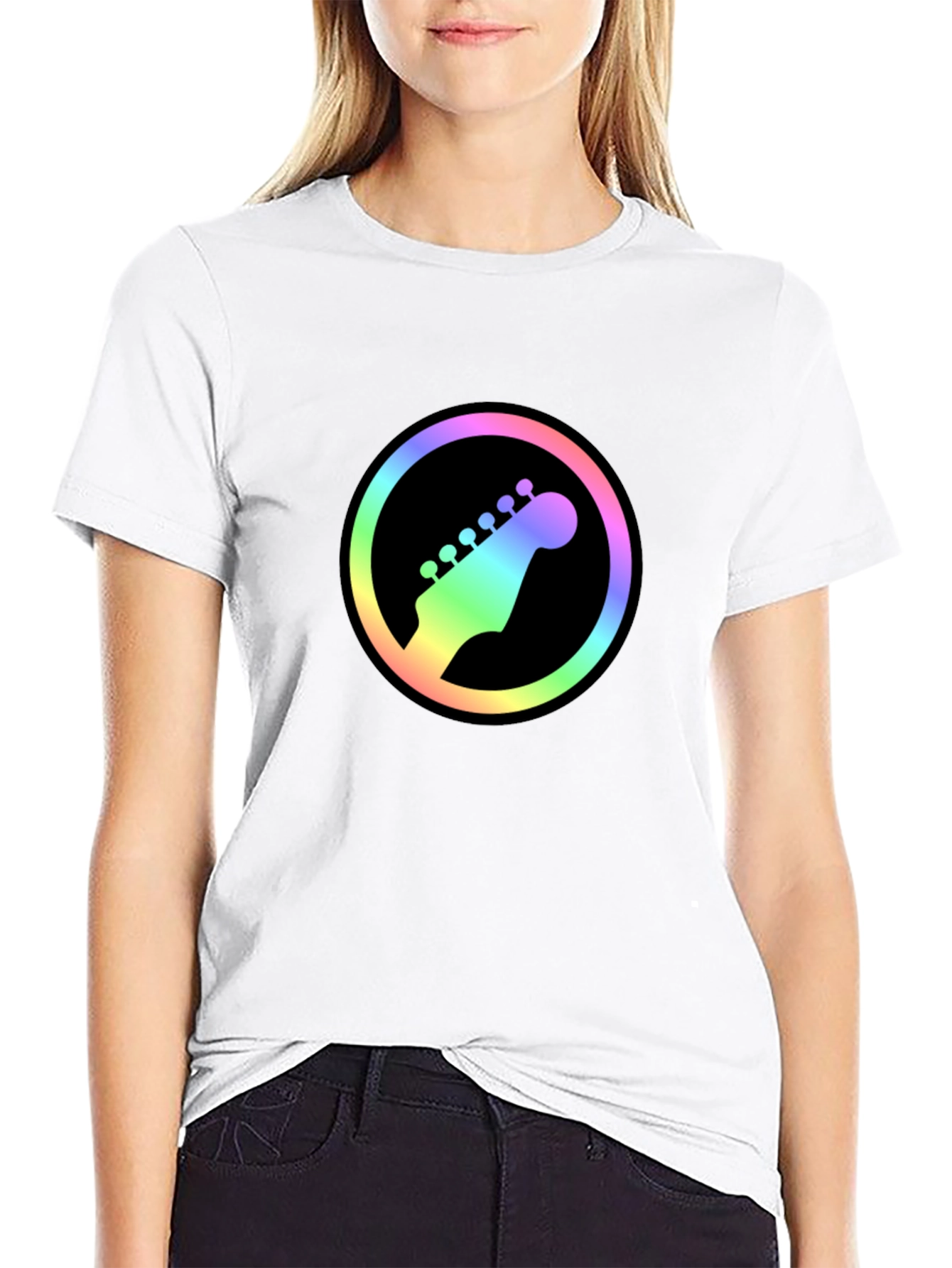 Rainbow Guitar Headstock Graphic Tee - Black Cotton Shirt