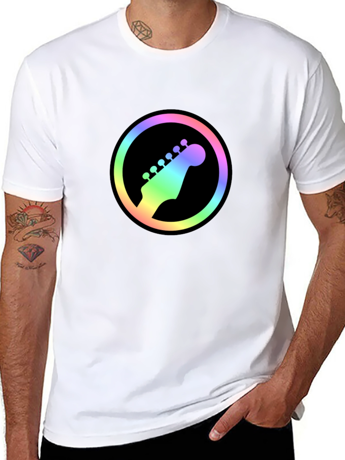 Rainbow Guitar Headstock Graphic Tee - Black Cotton Shirt