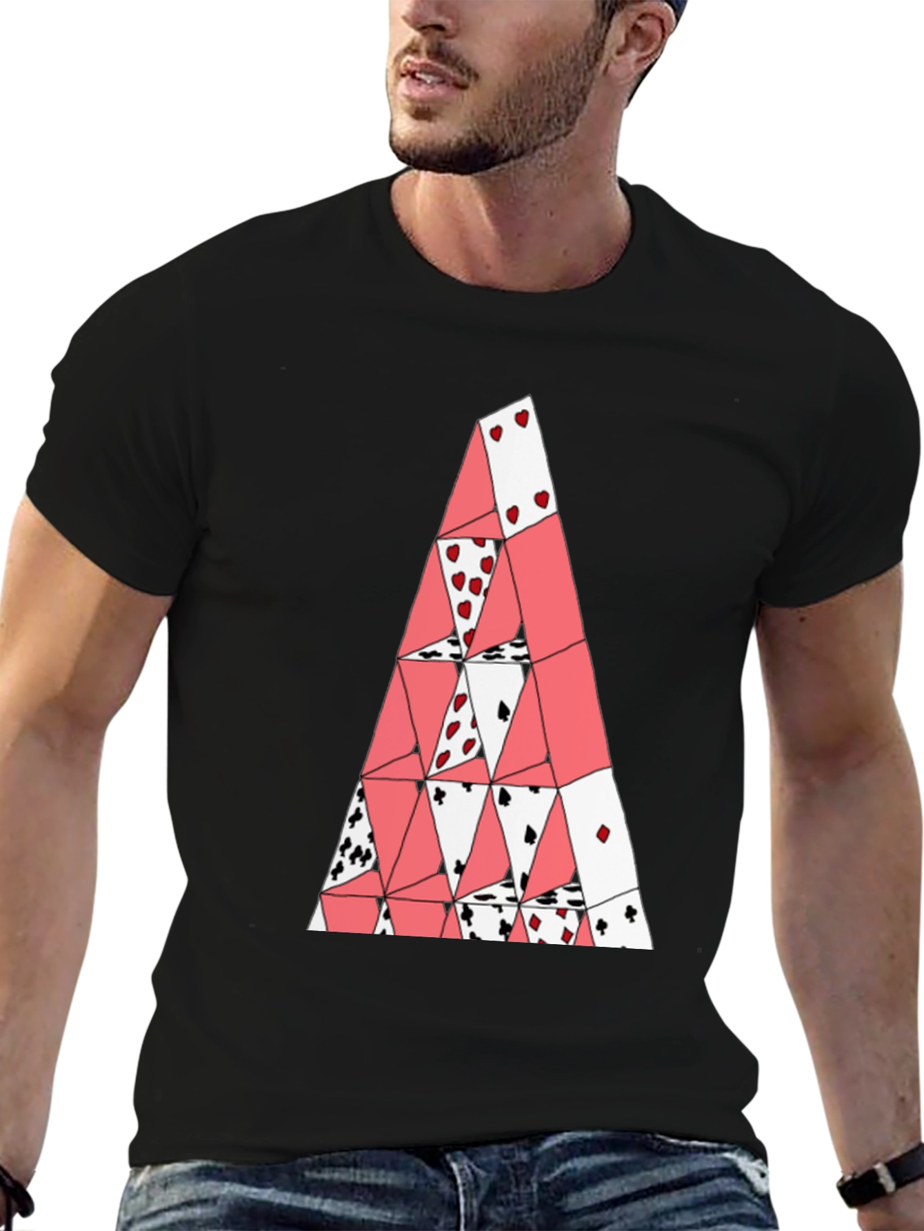 Card House Tee - Graphic Print Black T-Shirt
